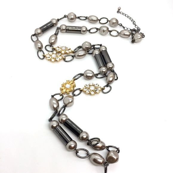 LIA SOPHIA LONG NECKLACE WITH GOLD RHINESTONE PEARL STATIONS GUNMETAL 36” LONG - Picture 8 of 12